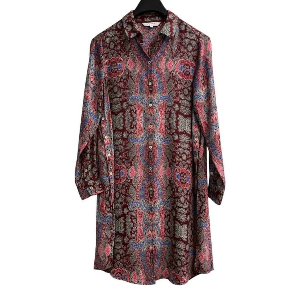Foxcroft Shirt Dress Womens 10 Paisley Print Chiffon Button Down Midi Office